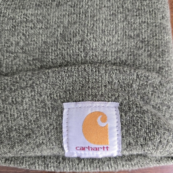 Carhartt Beanie Hat Cap Gray Yellow Acrylic Watch Fleece Graphic Logo Workwear - Picture 4 of 8